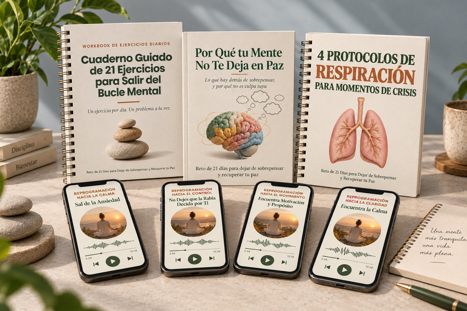 Cuaderno guiado, ebook, protocolo de respiración y audios guiados para recuperar la calma del Reto de 21 Días