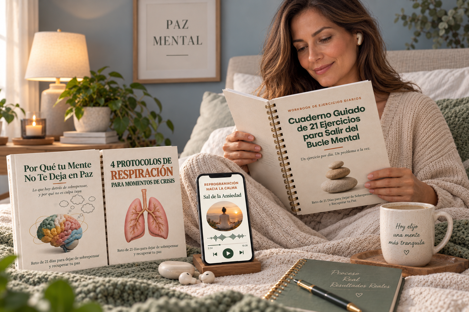 Mujer leyendo el Cuaderno Guiado de 21 Ejercicios en la cama, con los demás componentes del Reto de 21 Días alrededor